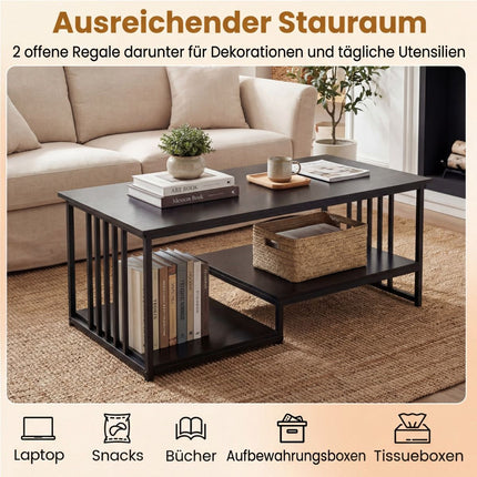 Rectangular Coffee Table with 2 Shelves, Black Metal Frame