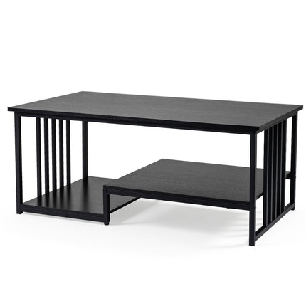 Rectangular Coffee Table with 2 Shelves, Black Metal Frame