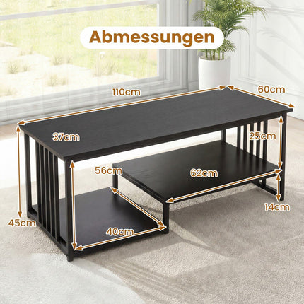 Rectangular Coffee Table with 2 Shelves, Black Metal Frame