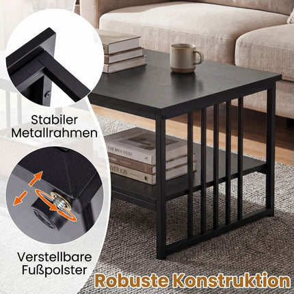 Rectangular Coffee Table with 2 Shelves, Black Metal Frame
