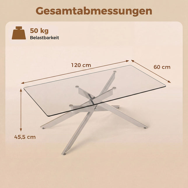Rechteckiger Couchtisch aus Glas, gehärtetes Glas, 120x60 cm