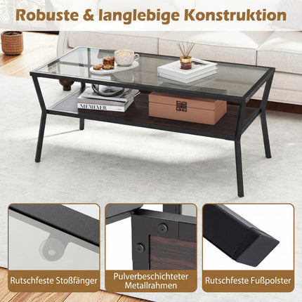 Rectangular Glass Coffee Table with Metal Frame, 2-Tier Storage