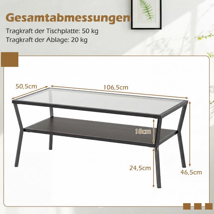 Rectangular Glass Coffee Table with Metal Frame, 2-Tier Storage