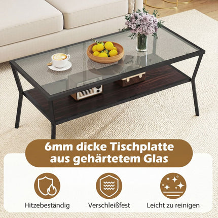 Rectangular Glass Coffee Table with Metal Frame, 2-Tier Storage