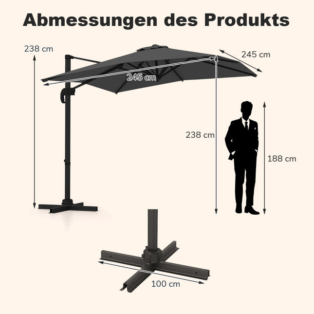 Rechteckiger Terrassenschirm, 250x250 cm, Verstellbar, Grau