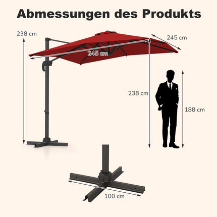 Rechteckiger Terrassenschirm 250x250 cm mit Kurbel, Rot