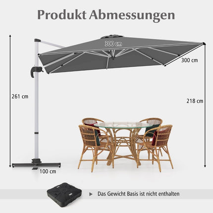 Rectangular Patio Umbrella, 300x300 cm, Grey, Crank Handle