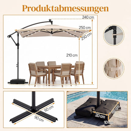 Rectangular Patio Umbrella with Stand, LED Lights, 360 Rotation