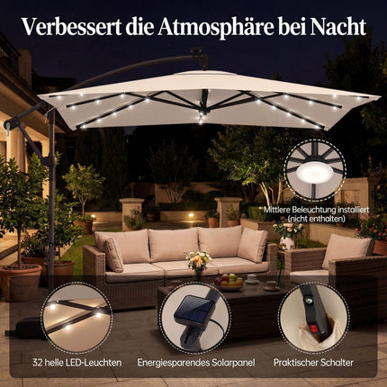 Rectangular Patio Umbrella with Stand, LED Lights, 360 Rotation