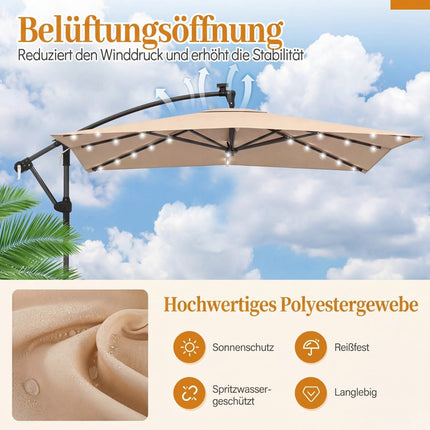 Rectangular Patio Umbrella with Stand, LED Lights, 360 Rotation