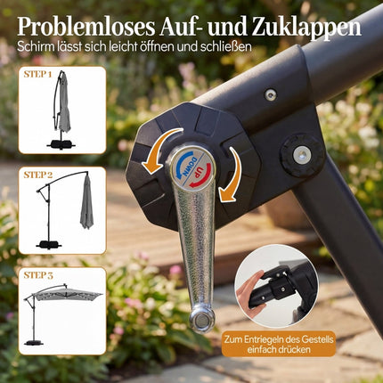 Rechteckiger Terrassenschirm mit Ständer, LED-Beleuchtung, 360°-Drehung