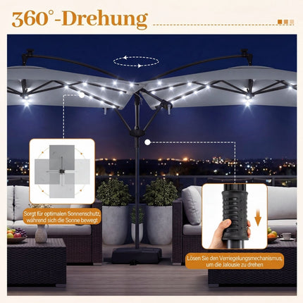 Rechteckiger Terrassenschirm mit Ständer, LED-Beleuchtung, 360°-Drehung