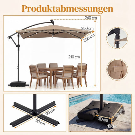 Rectangular Patio Umbrella with Stand, LED Lights, 360 Rotation