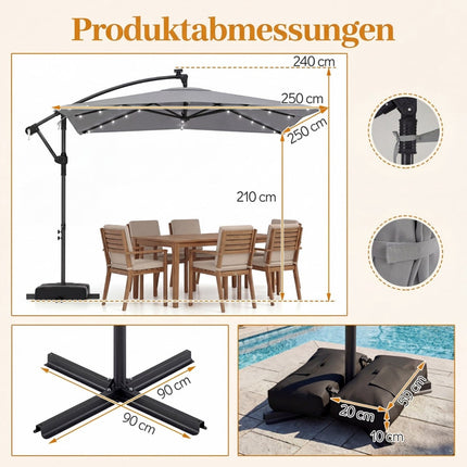 Rechteckiger Terrassenschirm mit Ständer, LED-Beleuchtung, 360°-Drehung