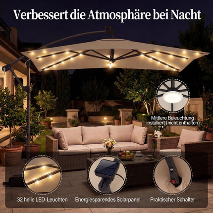 Rectangular Patio Umbrella with Stand, LED Lights, 360 Rotation
