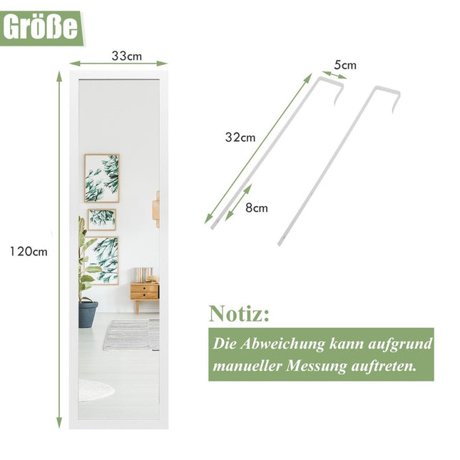 Obdélníkové celopostavové zrcadlo se závěsným háčkem na dveře 33x119 cm, bílá