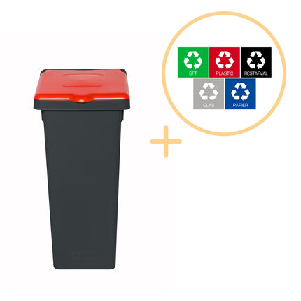 Koš na tříděný odpad s víkem, 75 l – červený, plast