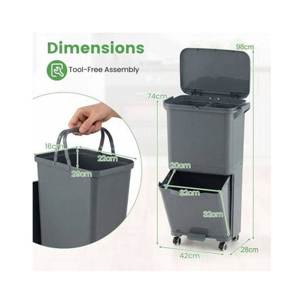 Recycling Waste Bin 36L with 2 Removable 10L Compartments, Grey, Foot Pedal