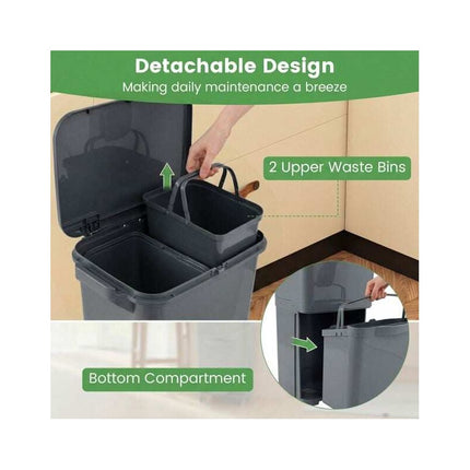 Recycling Waste Bin 36L with 2 Removable 10L Compartments, Grey, Foot Pedal