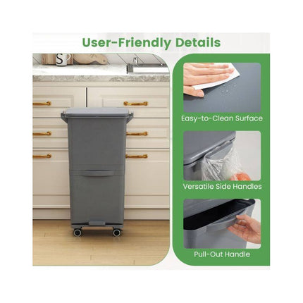 Recycling Waste Bin 36L with 2 Removable 10L Compartments, Grey, Foot Pedal