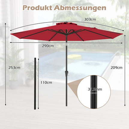 Red Patio Umbrella with Crank, 300 cm, Adjustable Tilt