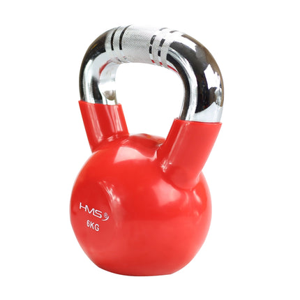 Litinový kettlebell s vinylovým povrchem, chromovaná rukojeť, červený