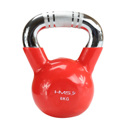 Litinový kettlebell s vinylovým povrchem, chromovaná rukojeť, červený