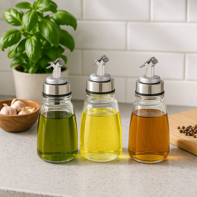 Refillable Glass Oil Bottles Set with Metal Pourers