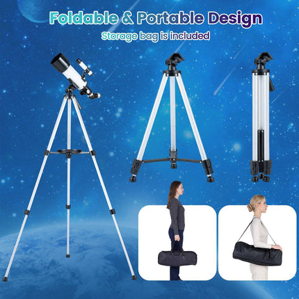 Refractor Telescope 70 mm with 2 Eyepieces and 3X Lens, Adjustable Tripod, White