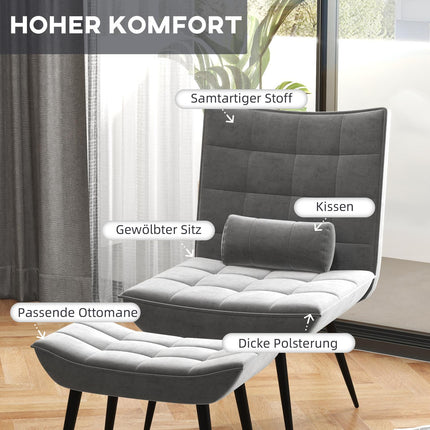 Grauer Relaxsessel und Ottoman-Set, Samtbezug, bequeme Kissen