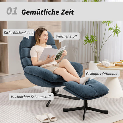 Relax-Sessel mit Ottoman, Chenille-Gewebe, Blau, 360° drehbar