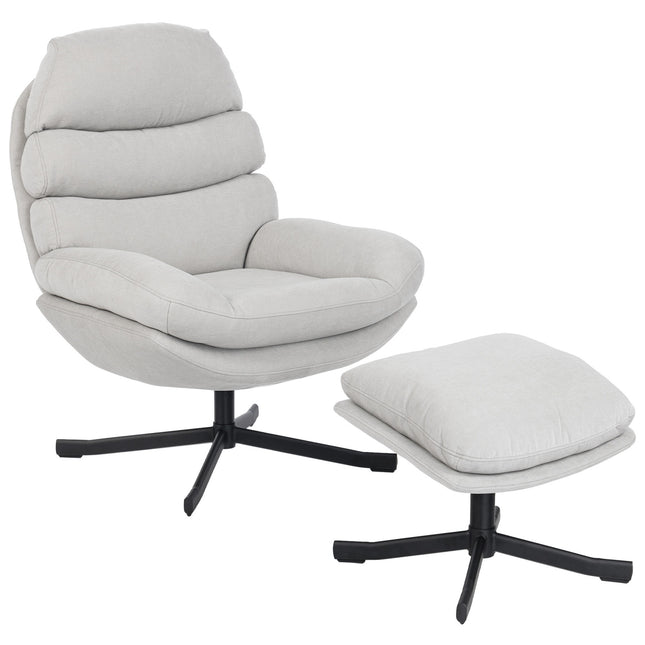 Relax-Sessel mit Ottoman, Chenille-Stoff, Creme, 360° drehbar