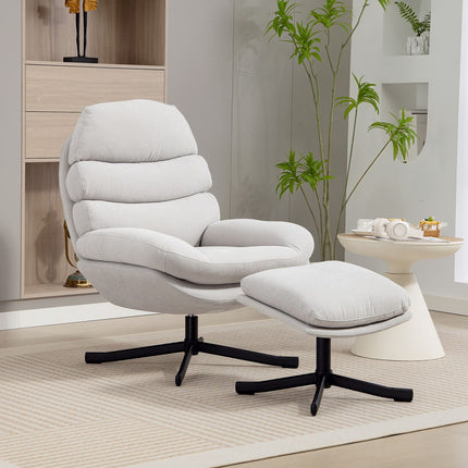 Relax-Sessel mit Ottoman, Chenille-Stoff, Creme, 360° drehbar