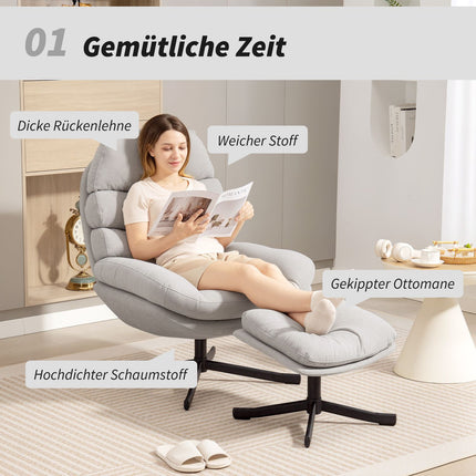 Relax-Sessel mit Ottoman, Chenille-Stoff, Creme, 360° drehbar