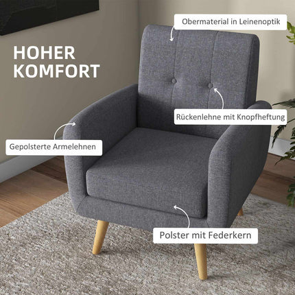 Fauteuil de relaxation, fauteuil TV, fauteuil rembourré avec coussin d'assise aspect lin, pieds en bois, pour salon, chambre, gris clair