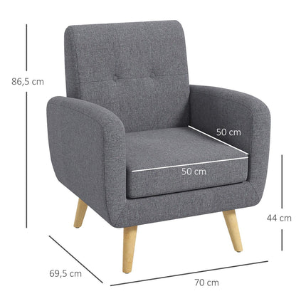 Fauteuil de relaxation, fauteuil TV, fauteuil rembourré avec coussin d'assise aspect lin, pieds en bois, pour salon, chambre, gris clair
