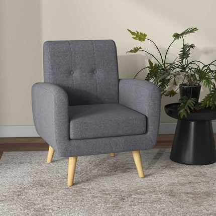Fauteuil de relaxation, fauteuil TV, fauteuil rembourré avec coussin d'assise aspect lin, pieds en bois, pour salon, chambre, gris clair