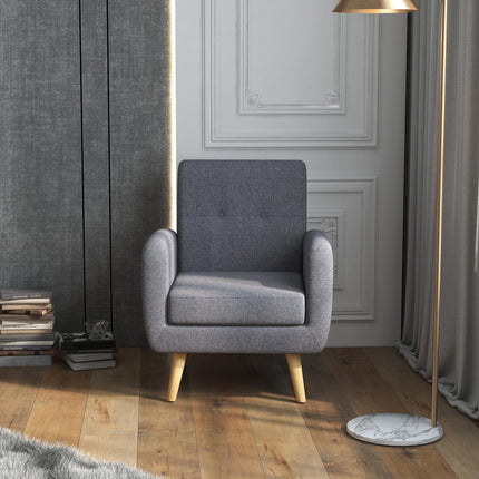 Fauteuil de relaxation, fauteuil TV, fauteuil rembourré avec coussin d'assise aspect lin, pieds en bois, pour salon, chambre, gris clair