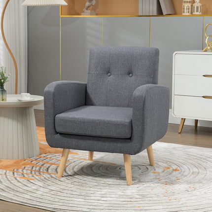 Fauteuil de relaxation, fauteuil TV, fauteuil rembourré avec coussin d'assise aspect lin, pieds en bois, pour salon, chambre, gris clair