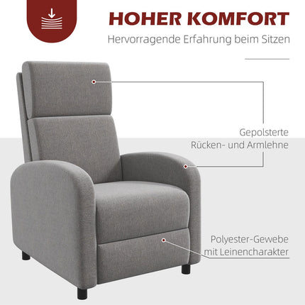Fauteuil de relaxation, fauteuil TV inclinable, fauteuil TV rembourré, fauteuil inclinable aspect lin, repose-pieds, charge jusqu'à 120 kg, pour salon, gris