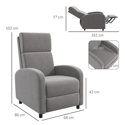 Fauteuil de relaxation, fauteuil TV inclinable, fauteuil TV rembourré, fauteuil inclinable aspect lin, repose-pieds, charge jusqu'à 120 kg, pour salon, gris