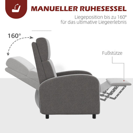 Fauteuil de relaxation, fauteuil TV inclinable, fauteuil TV rembourré, fauteuil inclinable aspect lin, repose-pieds, charge jusqu'à 120 kg, pour salon, gris