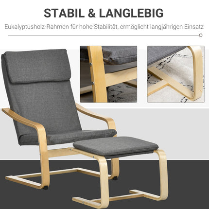Relaxliege aus grauem Leinen mit Armlehnen und Fußhocker