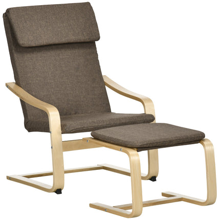 Brauner Relaxsessel und Hocker, Leinenbezug, 67x72x100 cm