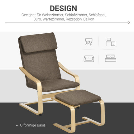 Brauner Relaxsessel und Hocker, Leinenbezug, 67x72x100 cm