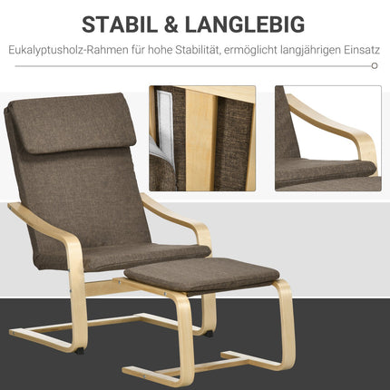 Brauner Relaxsessel und Hocker, Leinenbezug, 67x72x100 cm