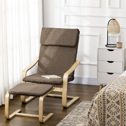 Brauner Relaxsessel und Hocker, Leinenbezug, 67x72x100 cm