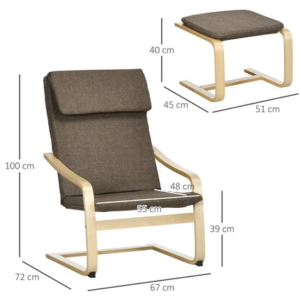 Brauner Relaxsessel und Hocker, Leinenbezug, 67x72x100 cm