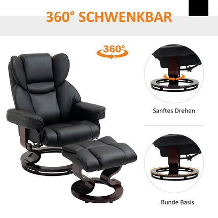 Fauteuil de relaxation avec tabouret, fauteuil TV rotatif inclinable, similicuir, noir