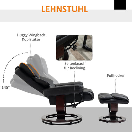 Fauteuil de relaxation avec tabouret, fauteuil TV rotatif inclinable, similicuir, noir
